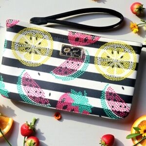 Betsey Johnson Vibrant Black and White Striped Clutch with Fruit Design NWOT